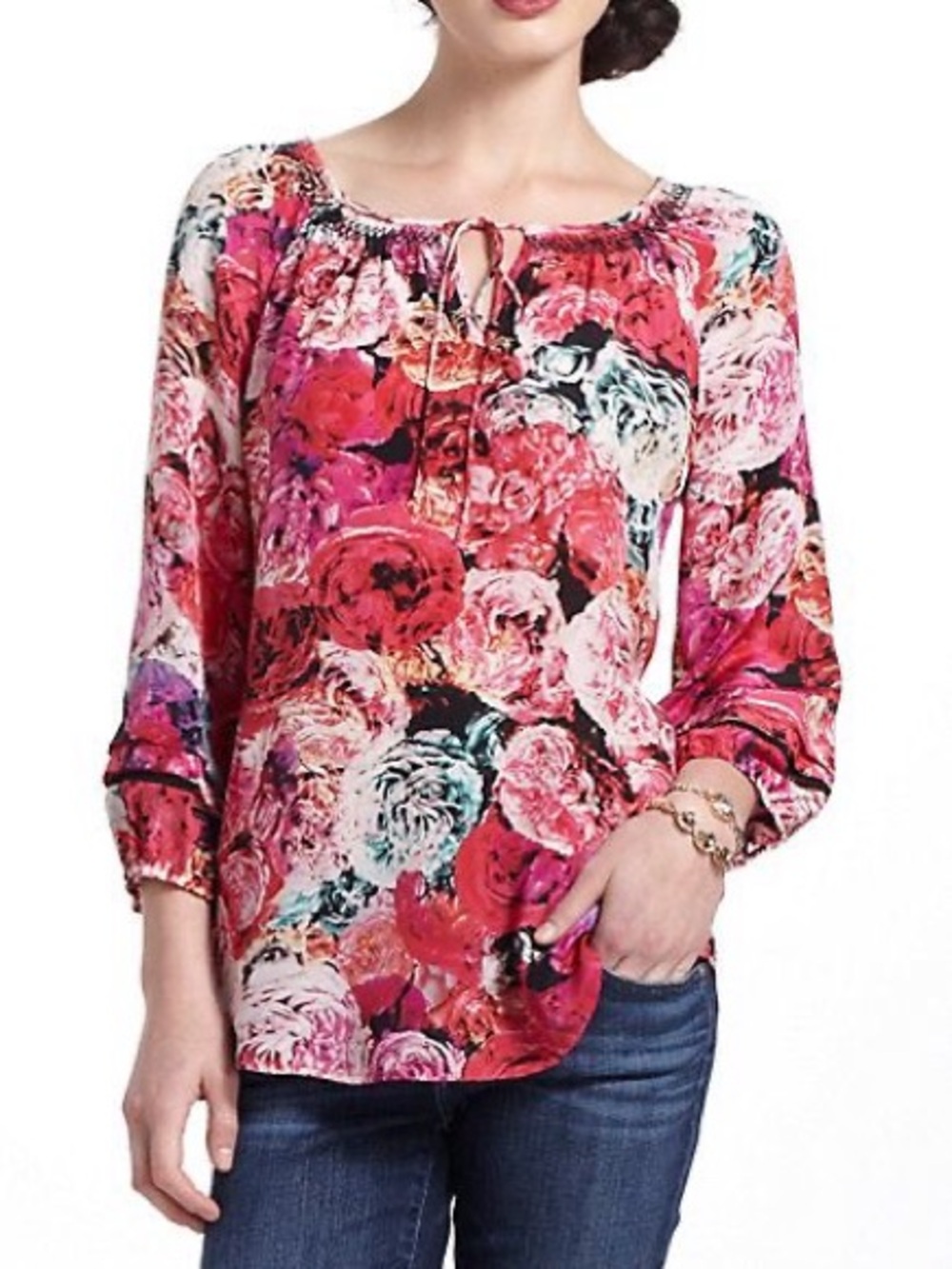 Anthropologie Pink Floral Peasant Tunic